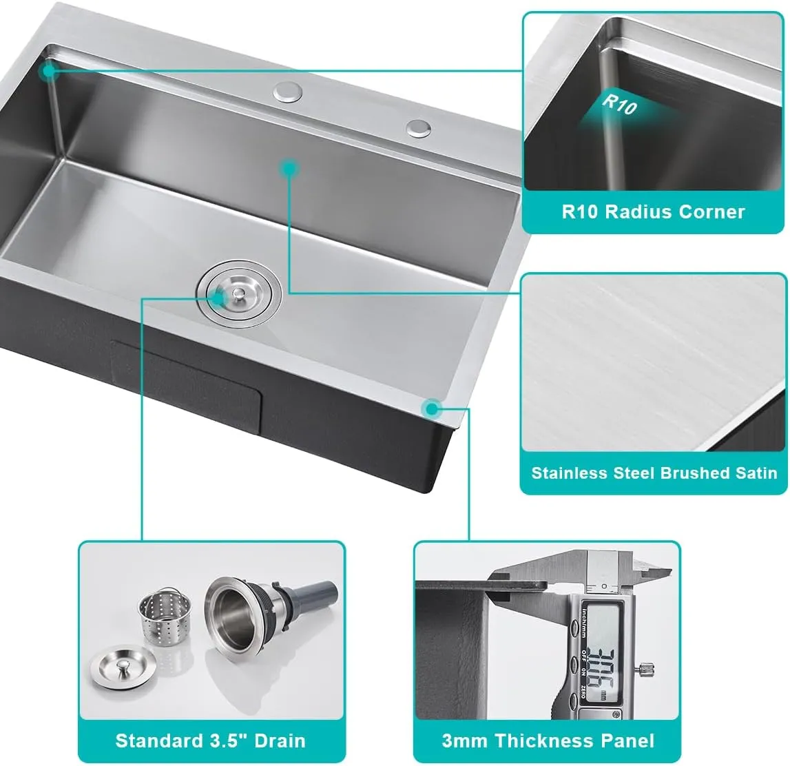 28 Inch Drop in Kitchen Sink with 2 Holes Brushed, 18 Gauge Satinless Steel Kitchen Workstation Sink Drop in, 9 inch Deep Single Bowl Topmount Kitchen Sink with Ledge, D28"xW18"xH9"