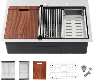 28 Inch Drop in Kitchen Sink with 2 Holes Brushed, 18 Gauge Satinless Steel Kitchen Workstation Sink Drop in, 9 inch Deep Single Bowl Topmount Kitchen Sink with Ledge, D28"xW18"xH9"