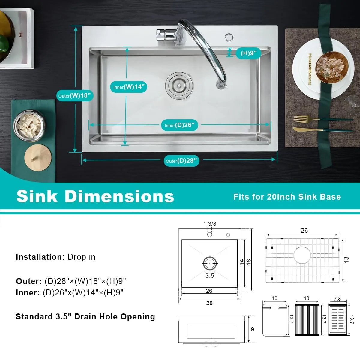 28 Inch Drop in Kitchen Sink with 2 Holes Brushed, 18 Gauge Satinless Steel Kitchen Workstation Sink Drop in, 9 inch Deep Single Bowl Topmount Kitchen Sink with Ledge, D28"xW18"xH9"