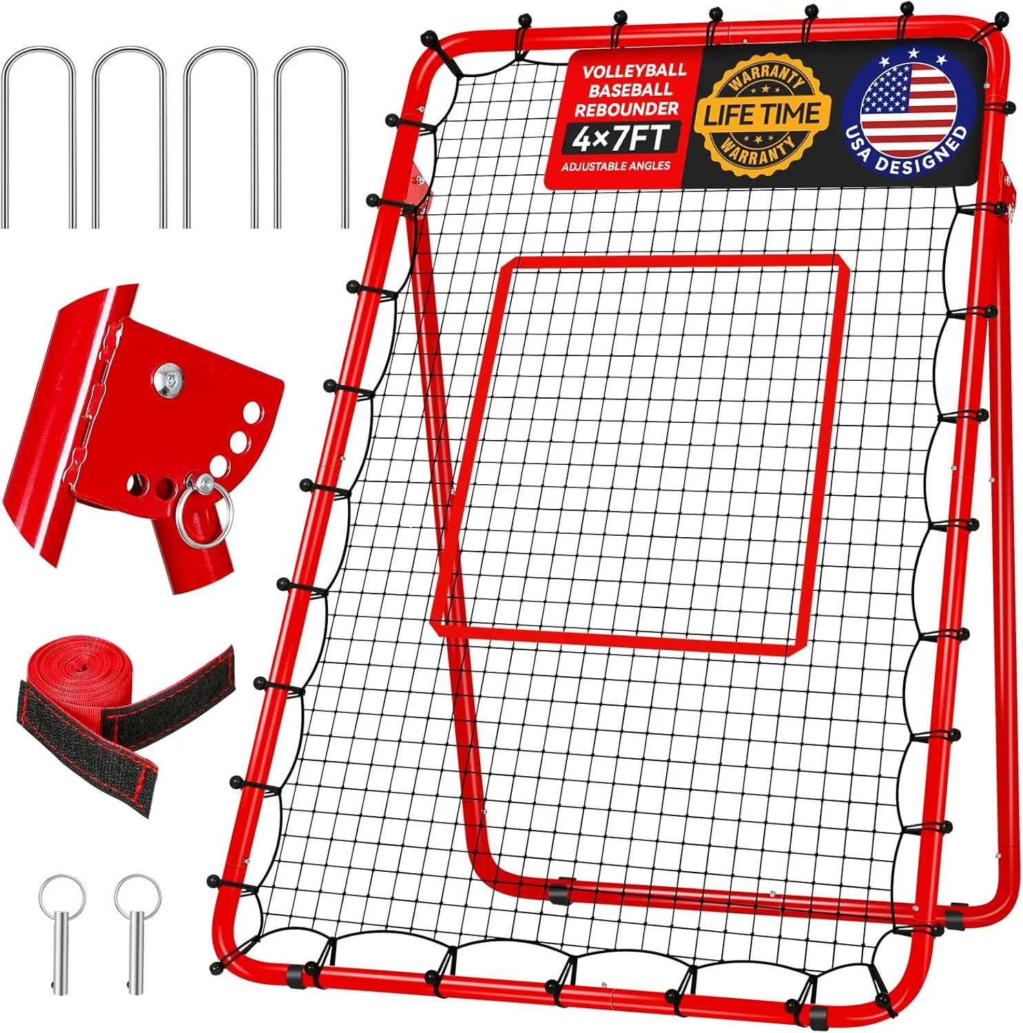 4x7ft Baseball Rebounder Anti-UV 5 Adjustable Angles Fielding Trainer, Volleyball Softball Football Rugby Baseball Bounce Back Net Anti-Skid Easy Storage Pitch Back Rebound Net with 4 Stakes