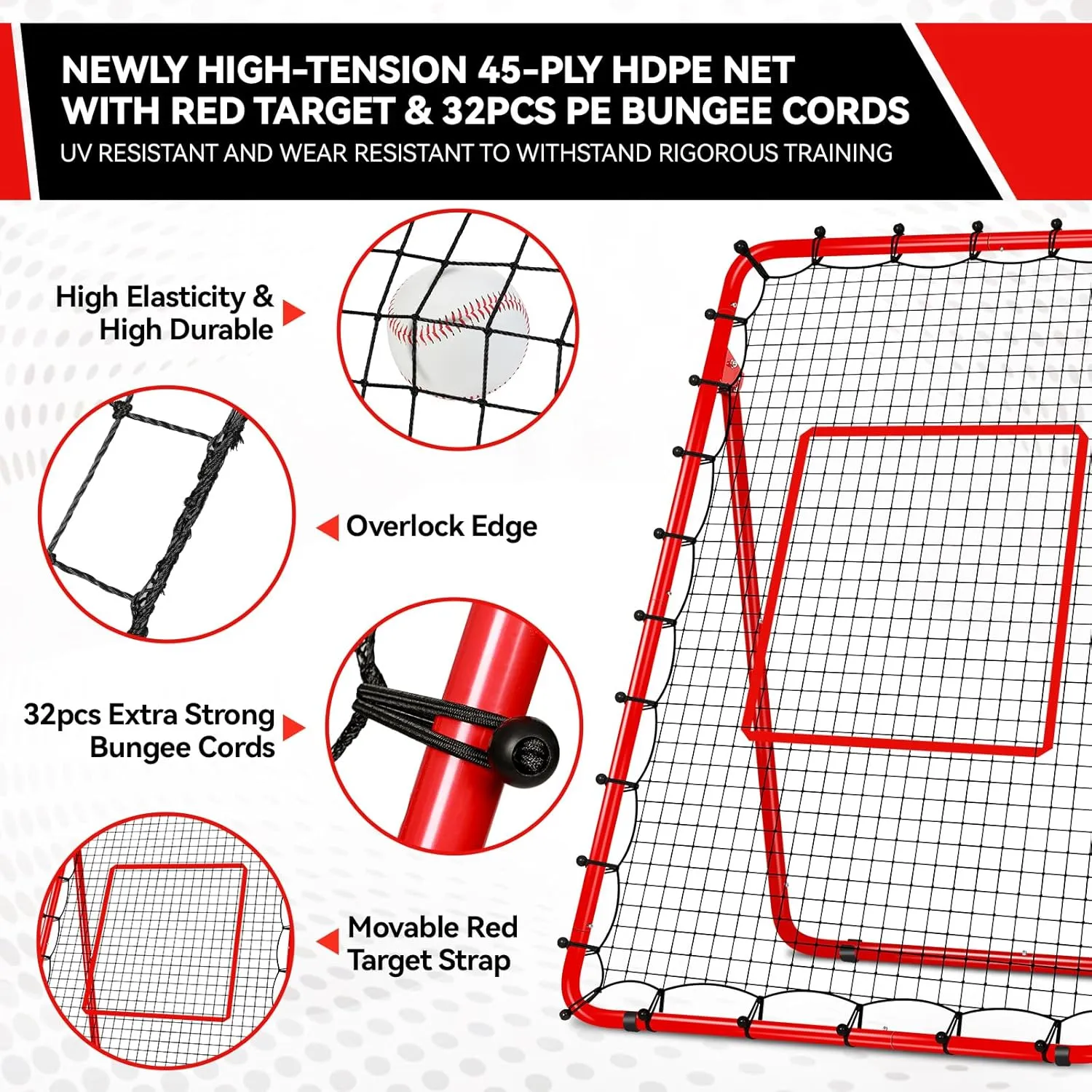 4x7ft Baseball Rebounder Anti-UV 5 Adjustable Angles Fielding Trainer, Volleyball Softball Football Rugby Baseball Bounce Back Net Anti-Skid Easy Storage Pitch Back Rebound Net with 4 Stakes