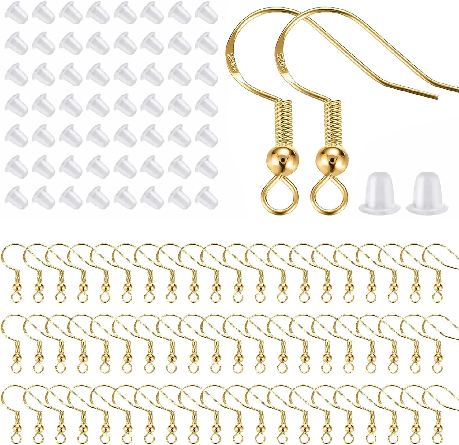 925 Sterling Silver Earring Hooks 200 PCS, Gold Earring Hooks for Jewelry Making, Hypoallergenic Fish Hook Earrings Making Kit, DIY Earring, with 200PCS Earring Backs and 200PCS Jump Rings