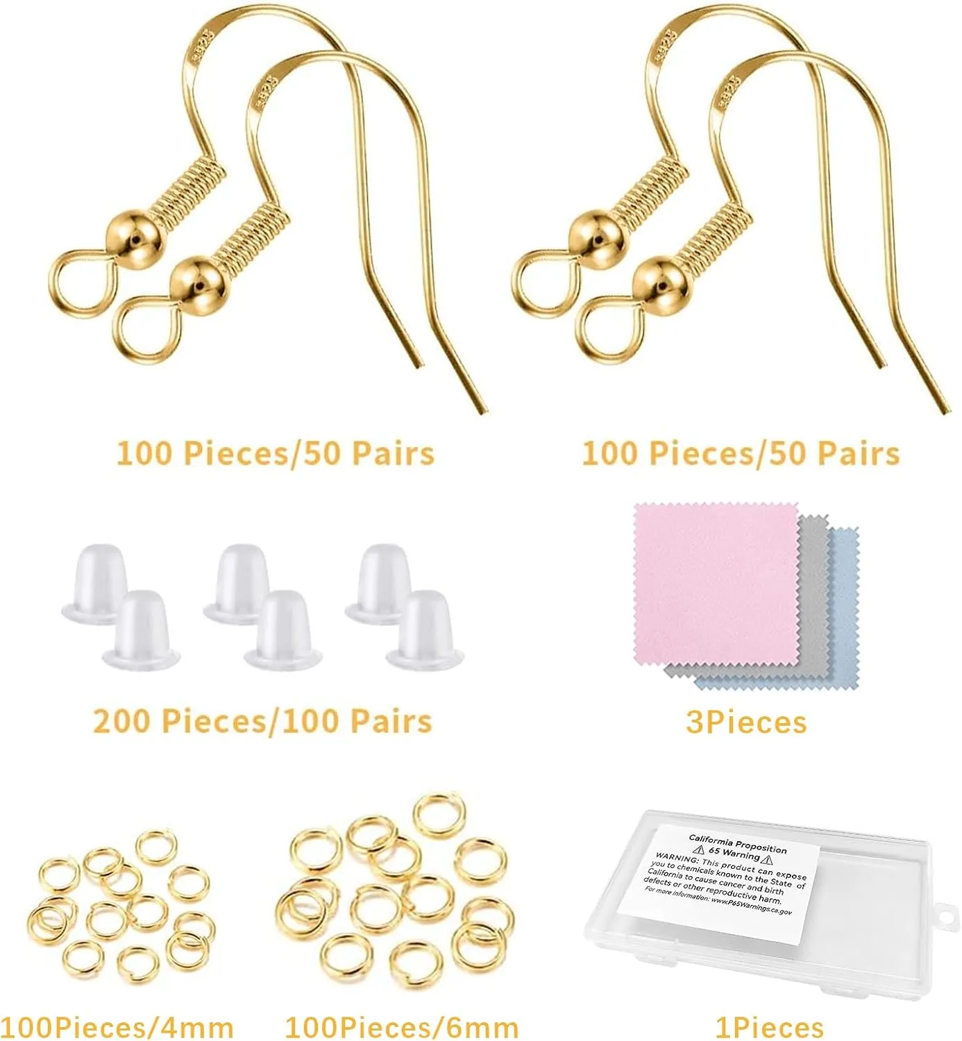 925 Sterling Silver Earring Hooks 200 PCS, Gold Earring Hooks for Jewelry Making, Hypoallergenic Fish Hook Earrings Making Kit, DIY Earring, with 200PCS Earring Backs and 200PCS Jump Rings
