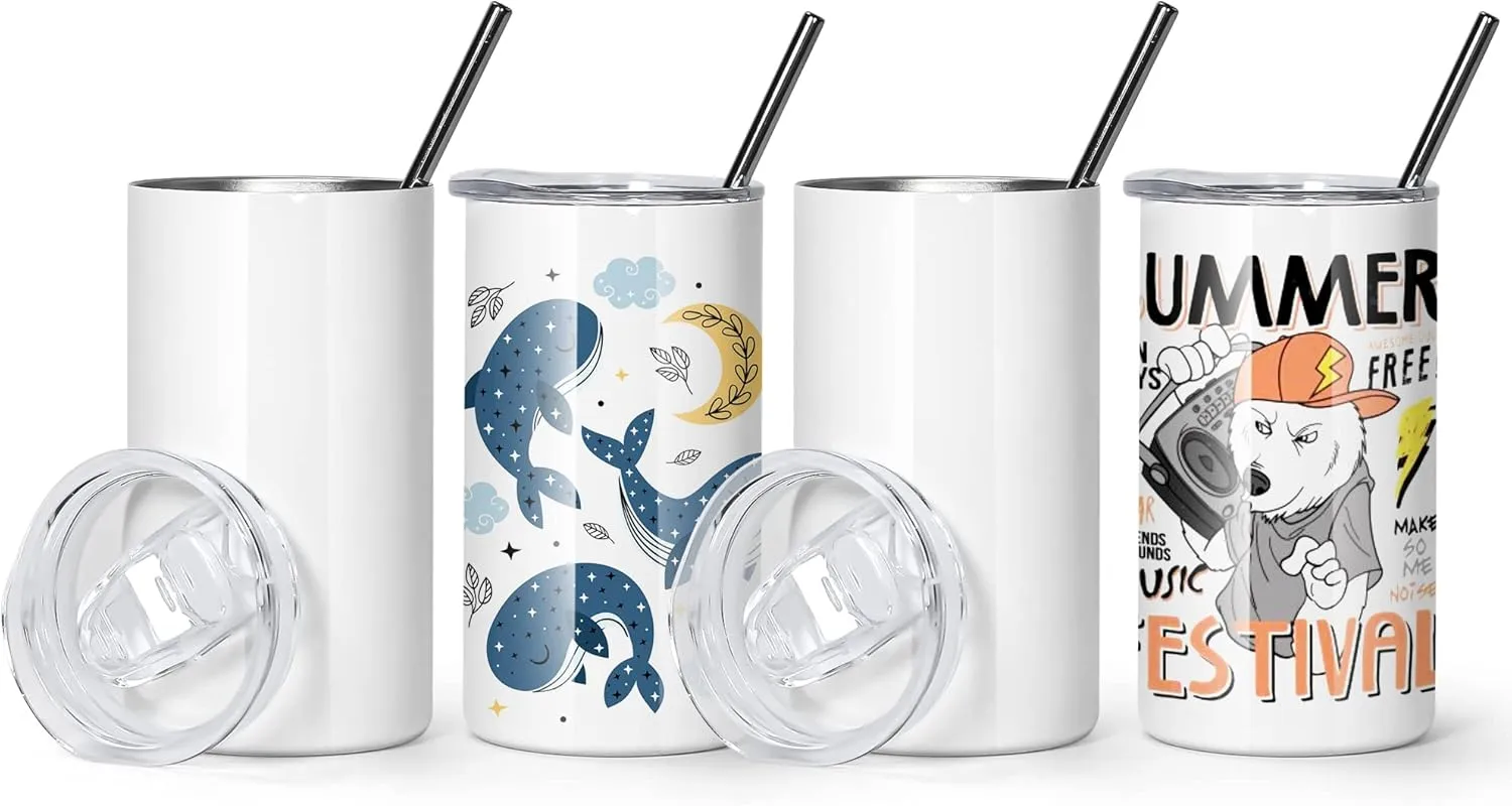 AGH 12 oz Sublimation Tumblers Blanks with Lids and Straws 4 Pack Stainless Steel Straight Skinny Tumblers for Kids Double Wall Vacuum Insulated Tumbler BPA-Free Great DIY Gift for Children