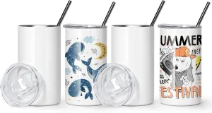 AGH 12 oz Sublimation Tumblers Blanks with Lids and Straws 4 Pack Stainless Steel Straight Skinny Tumblers for Kids Double Wall Vacuum Insulated Tumbler BPA-Free Great DIY Gift for Children