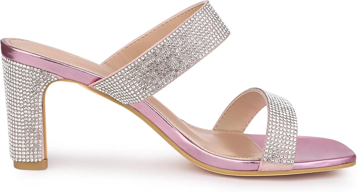 Allegra K Women's Rhinestone Chunky Heel Slide Heel Sandals