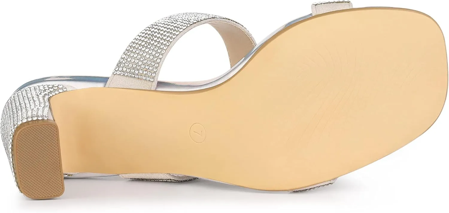 Allegra K Women's Rhinestone Chunky Heel Slide Heel Sandals