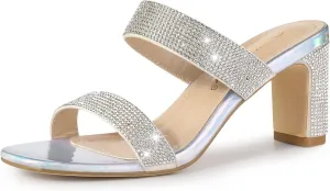 Allegra K Women's Rhinestone Chunky Heel Slide Heel Sandals