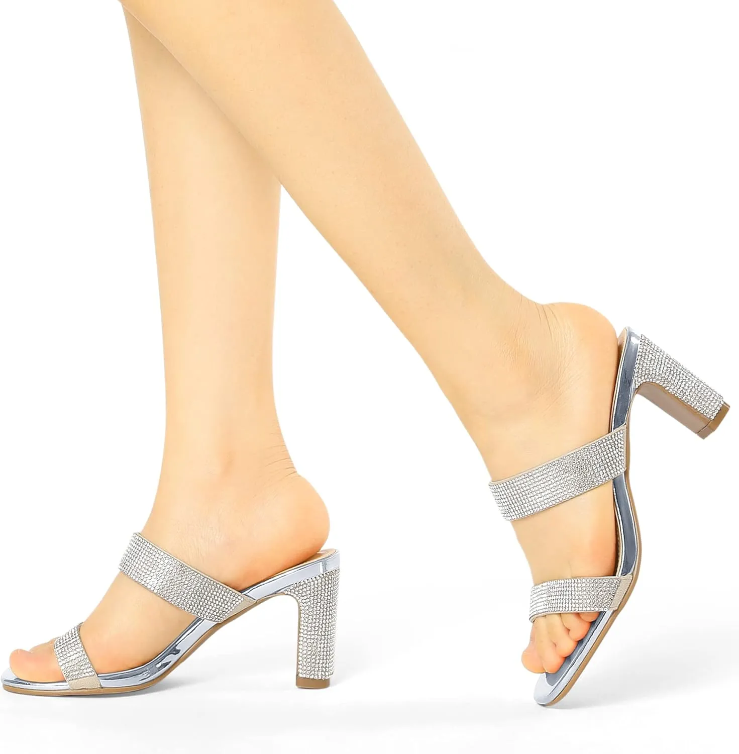 Allegra K Women's Rhinestone Chunky Heel Slide Heel Sandals