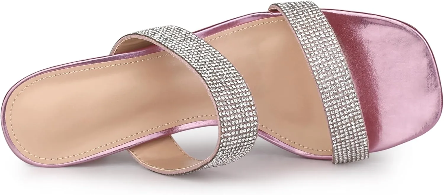 Allegra K Women's Rhinestone Chunky Heel Slide Heel Sandals