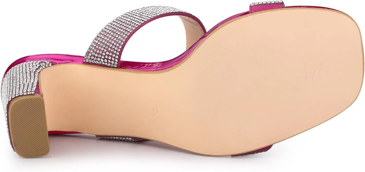Allegra K Women's Rhinestone Chunky Heel Slide Heel Sandals