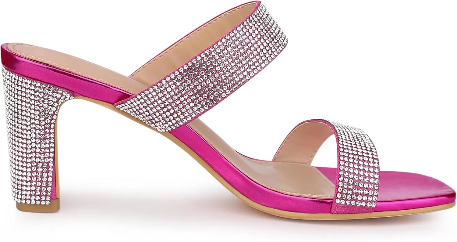 Allegra K Women's Rhinestone Chunky Heel Slide Heel Sandals