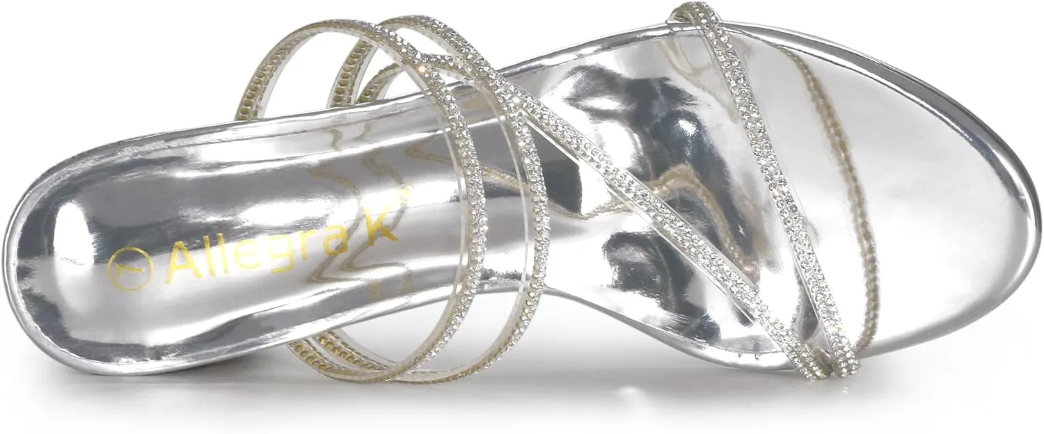 Allegra K Women's Strappy Rhinestone Block Heel Slide Sandals