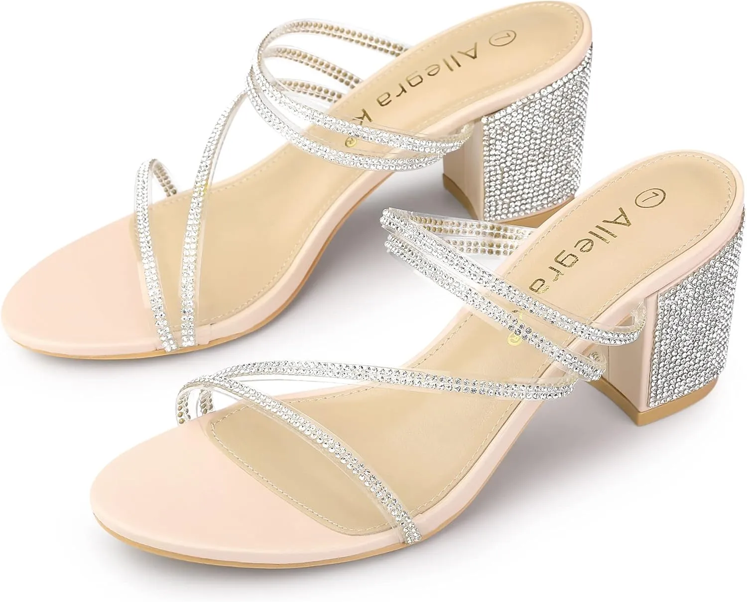 Allegra K Women's Strappy Rhinestone Block Heel Slide Sandals