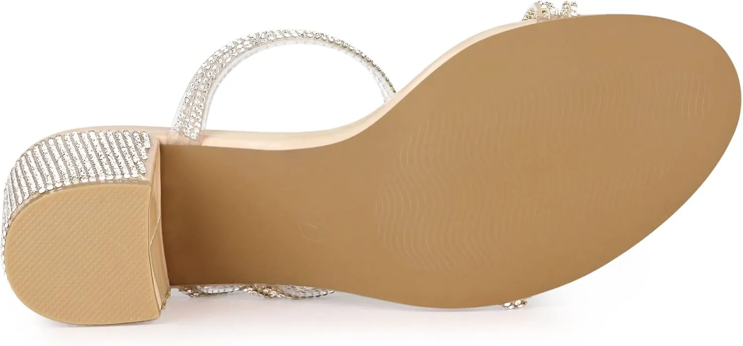 Allegra K Women's Strappy Rhinestone Block Heel Slide Sandals