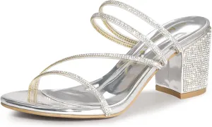 Allegra K Women's Strappy Rhinestone Block Heel Slide Sandals