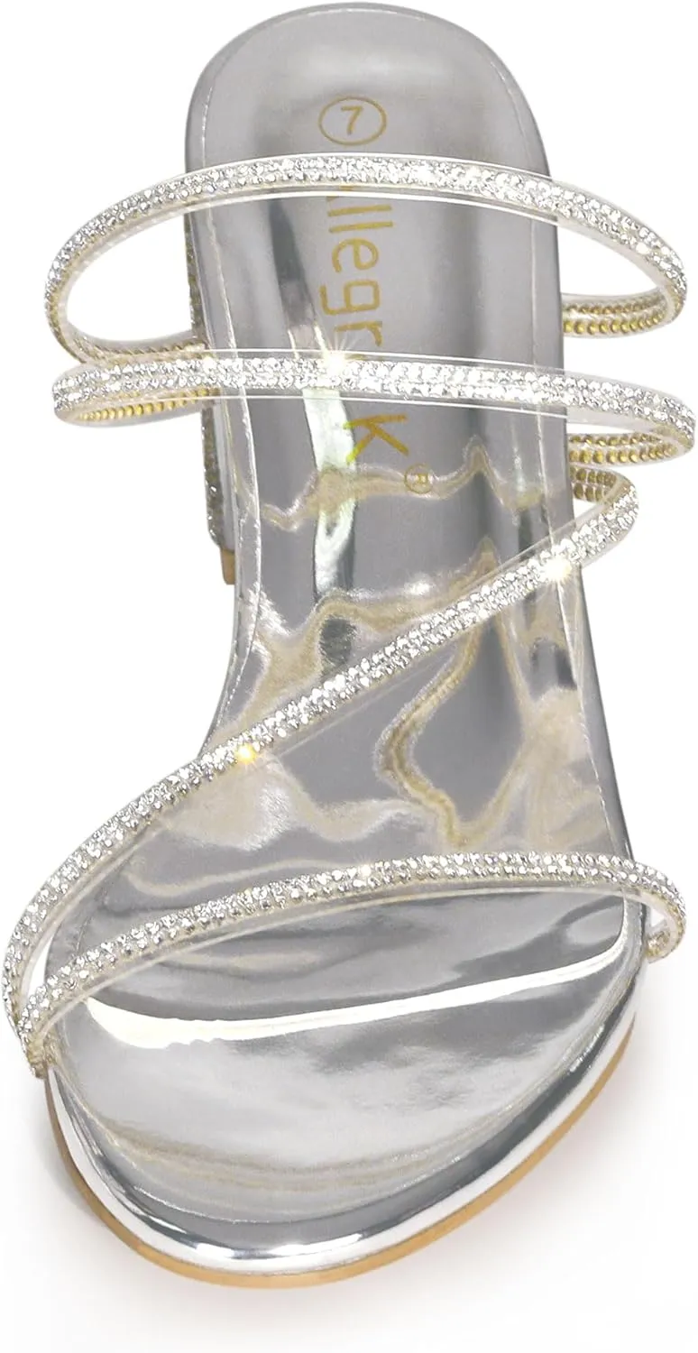 Allegra K Women's Strappy Rhinestone Block Heel Slide Sandals