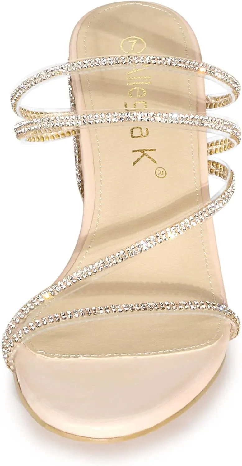Allegra K Women's Strappy Rhinestone Block Heel Slide Sandals