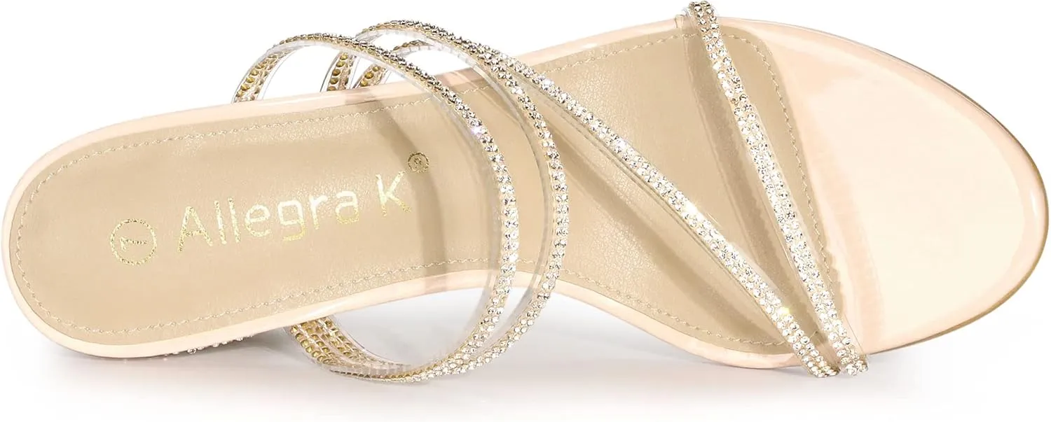 Allegra K Women's Strappy Rhinestone Block Heel Slide Sandals