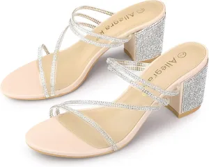 Allegra K Women's Strappy Rhinestone Block Heel Slide Sandals