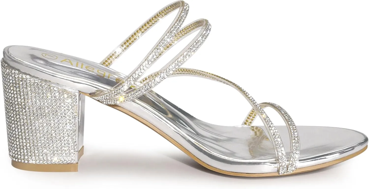 Allegra K Women's Strappy Rhinestone Block Heel Slide Sandals