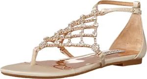 Badgley Mischka Women's Ankle Strap, Flat Sandal, Ivory Satin, 6.5