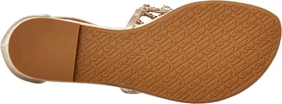 Badgley Mischka Women's Ankle Strap, Flat Sandal, Ivory Satin, 6.5