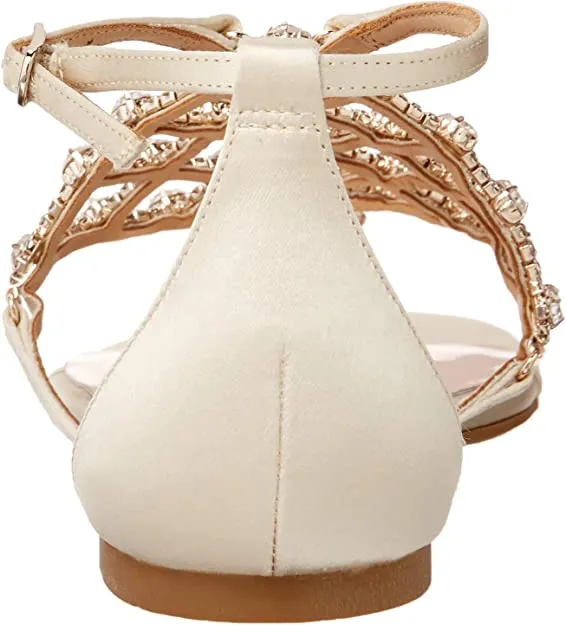 Badgley Mischka Women's Ankle Strap, Flat Sandal, Ivory Satin, 6.5