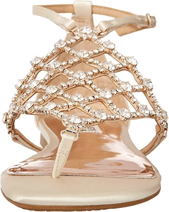 Badgley Mischka Women's Ankle Strap, Flat Sandal, Ivory Satin, 6.5