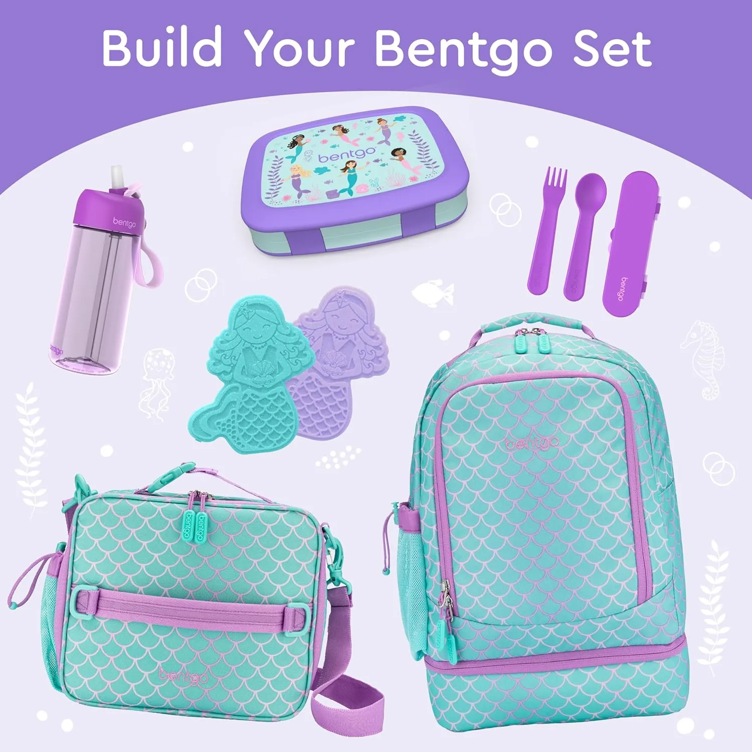 Bentgo Kids Prints Leak-Proof, 5-Compartment Bento-Style Kids Lunch Box - Ideal Portion Sizes for Ages 3-7, Durable, Drop-Proof, Dishwasher Safe, & Made with BPA-Free Materials (Mermaids in the Sea)
