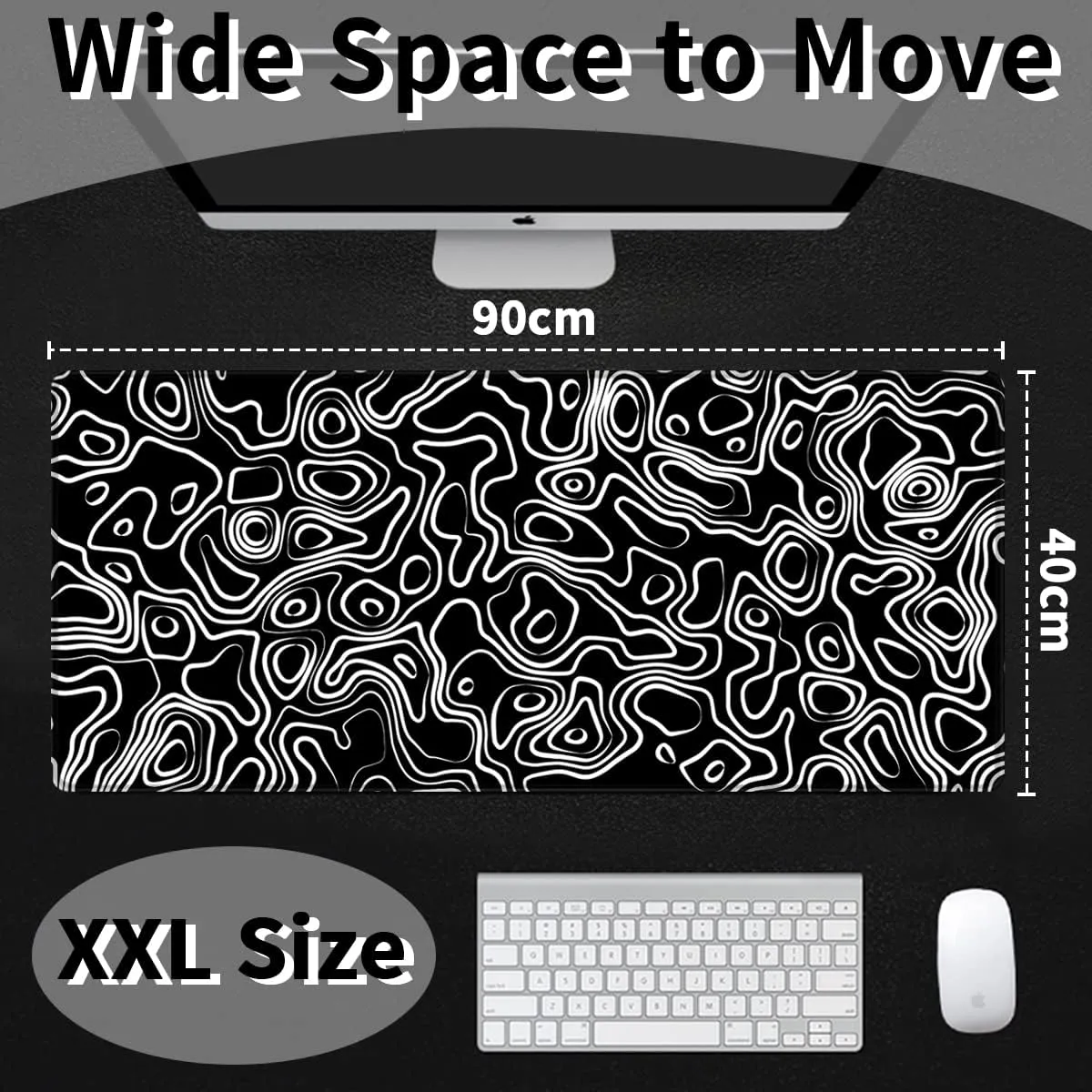 Benvo Extended Mouse Pad with Stitched Edges Extra Large Gaming Mousepads with Non-slip Rubber Base and Micro-Weave Cloth Desk Mat for Gamer Office Home(35.4x15.7 inch, Topographic Map Black)