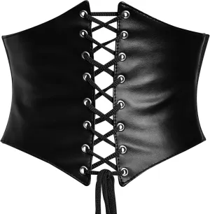 Black Leather Underbust Corset for Women - Lace-Up Gothic Waist Trainer Belt - Steampunk Corset for Cosplay & Costumes