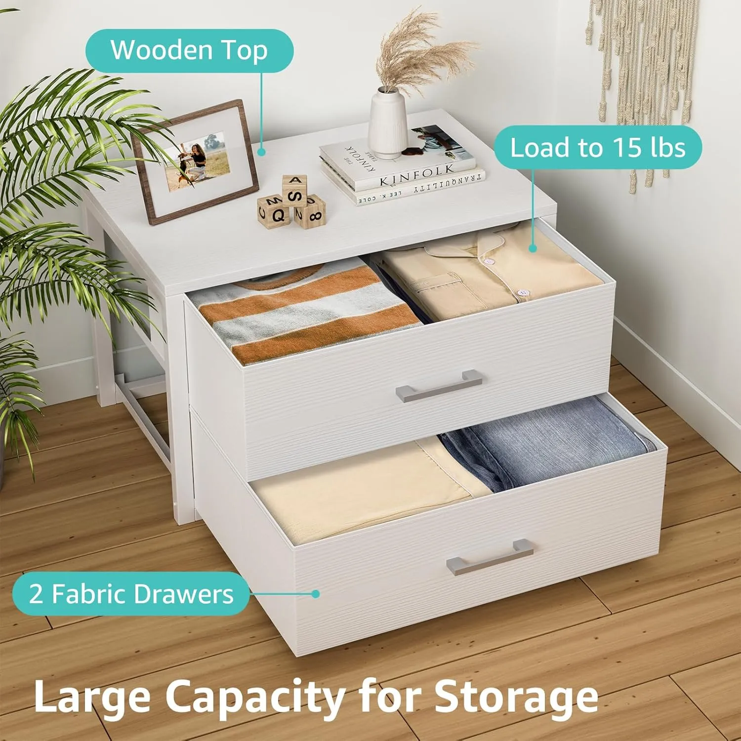 BOLUO Stackable Storage Drawers Closet Organizers and Storage Bins Fabric White 2 Drawer Dresser for Bedroom Office Modern