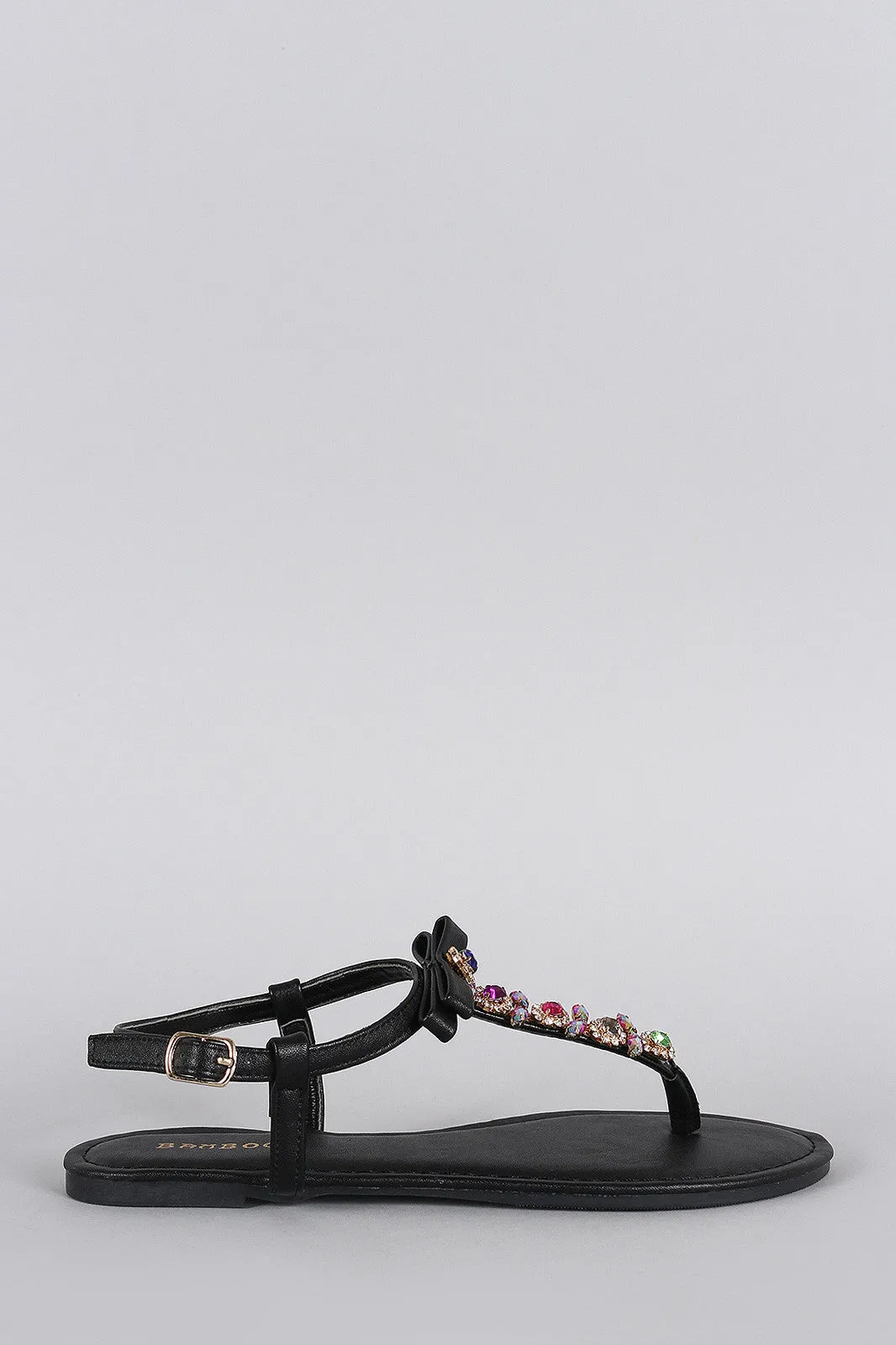 Bow Giant bargain Automation-ready Flat Bamboo Jeweled Sandal T-Strap