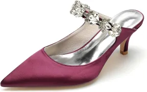 Bridal Dress Heeled Sandals Wedding Shoes Slip on Slingback Women's Pointed Satin Rhinestone Prom Party Dress Pumps