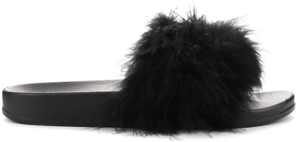 Cape Robbin Moira-2 Women Flip Flop Marabou Fur Slide Slip On Flats Sandals Shoe Slipper Black