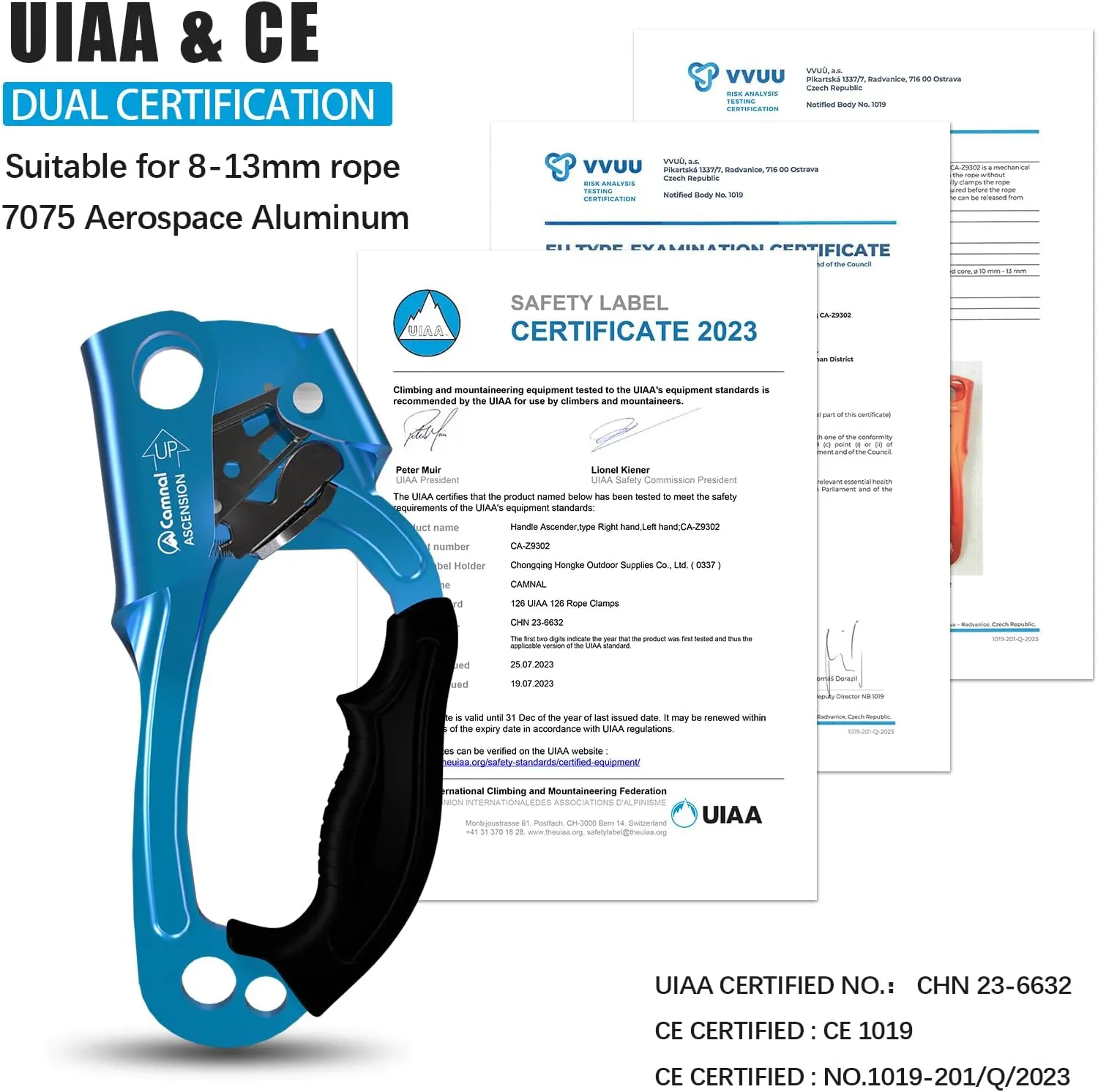 Climbing Ascender UIAA & CE Certified Hand Ascender, Rope Ascender with Ergonomic Rubber Handle, Suit for 8~13mm Ropes