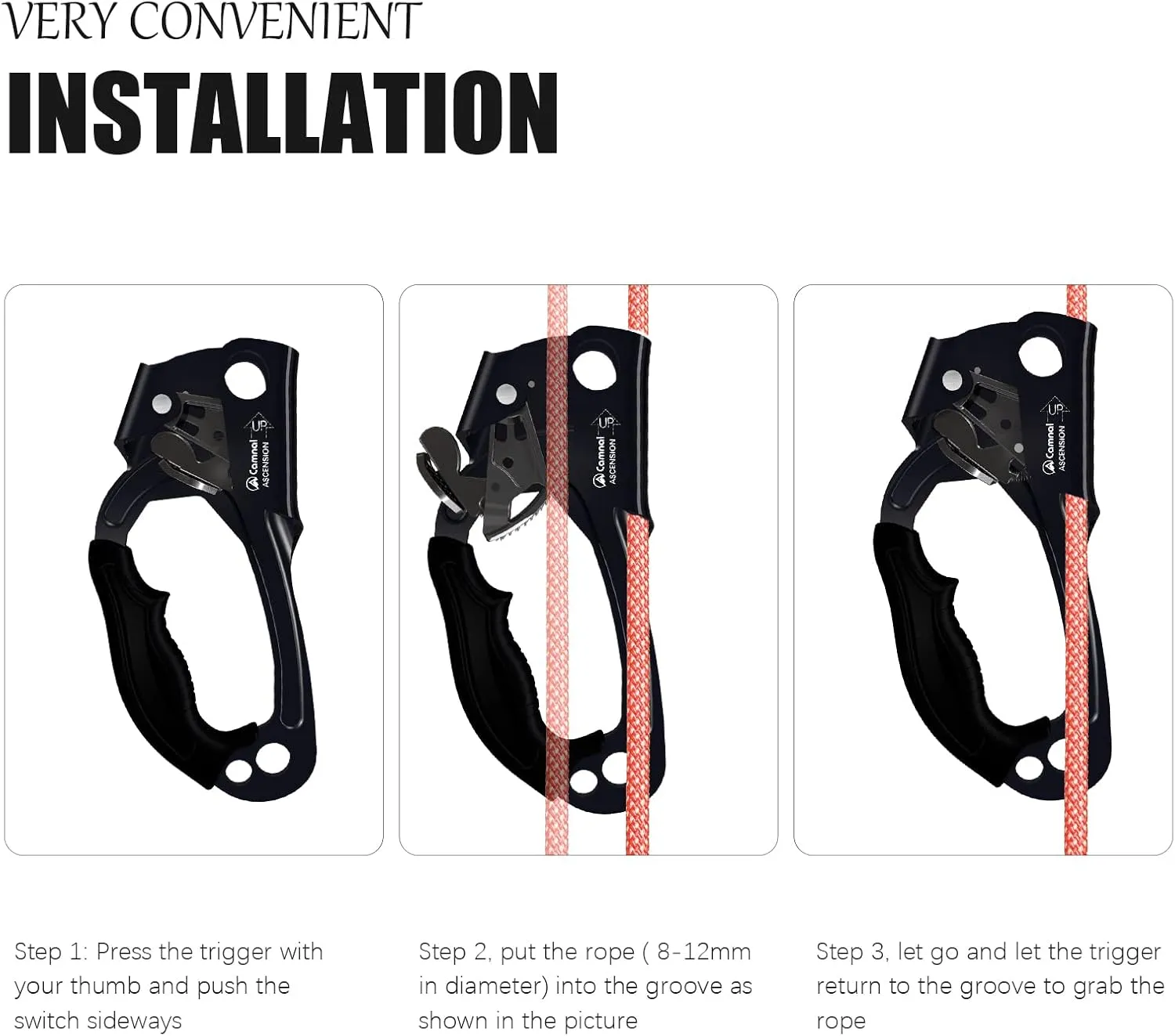 Climbing Ascender UIAA & CE Certified Hand Ascender, Rope Ascender with Ergonomic Rubber Handle, Suit for 8~13mm Ropes