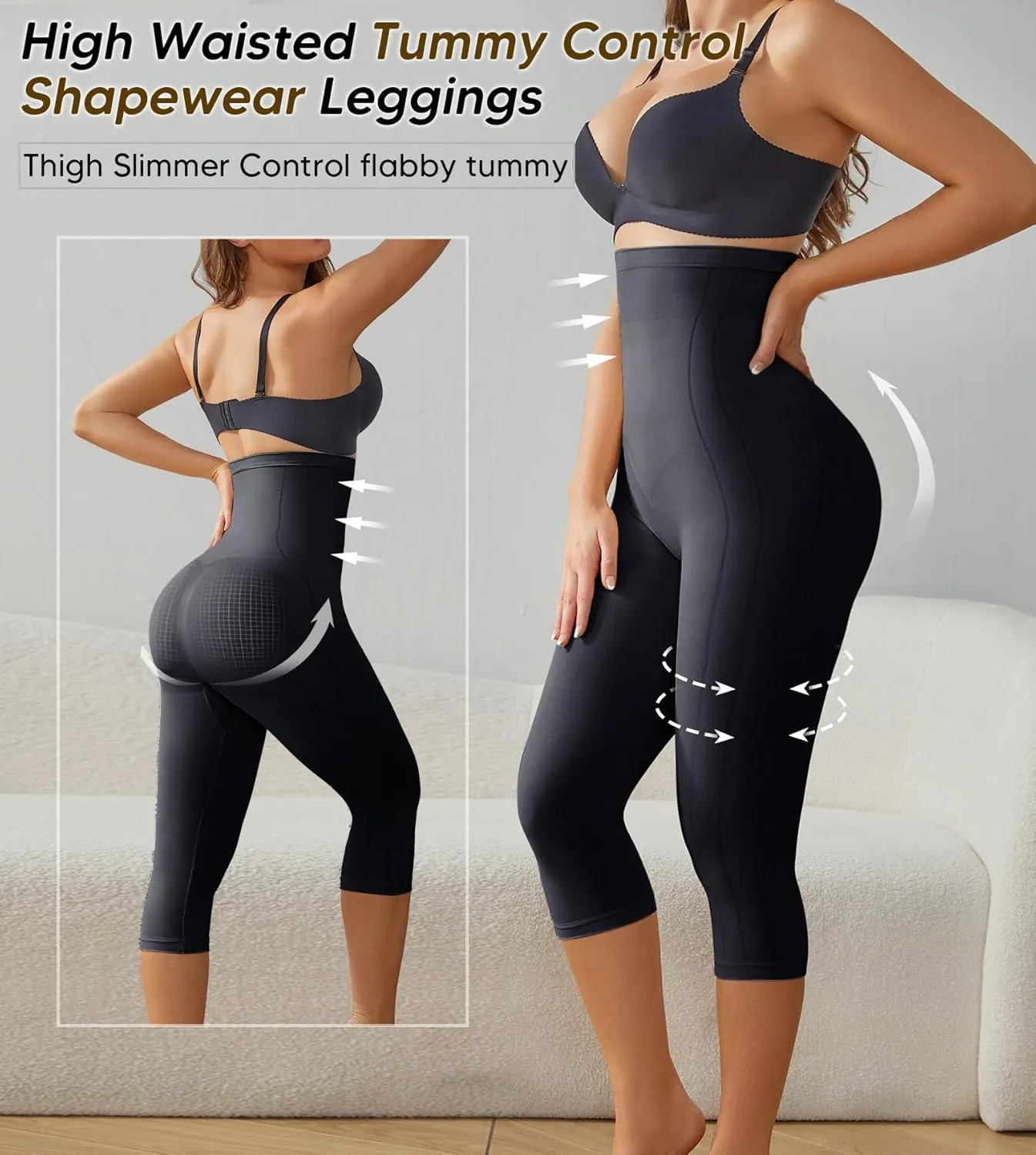 Compression Capri Leggings for Women Tummy Control Shapewear Pants High Waisted Trainer Leggings Thigh Slimmer