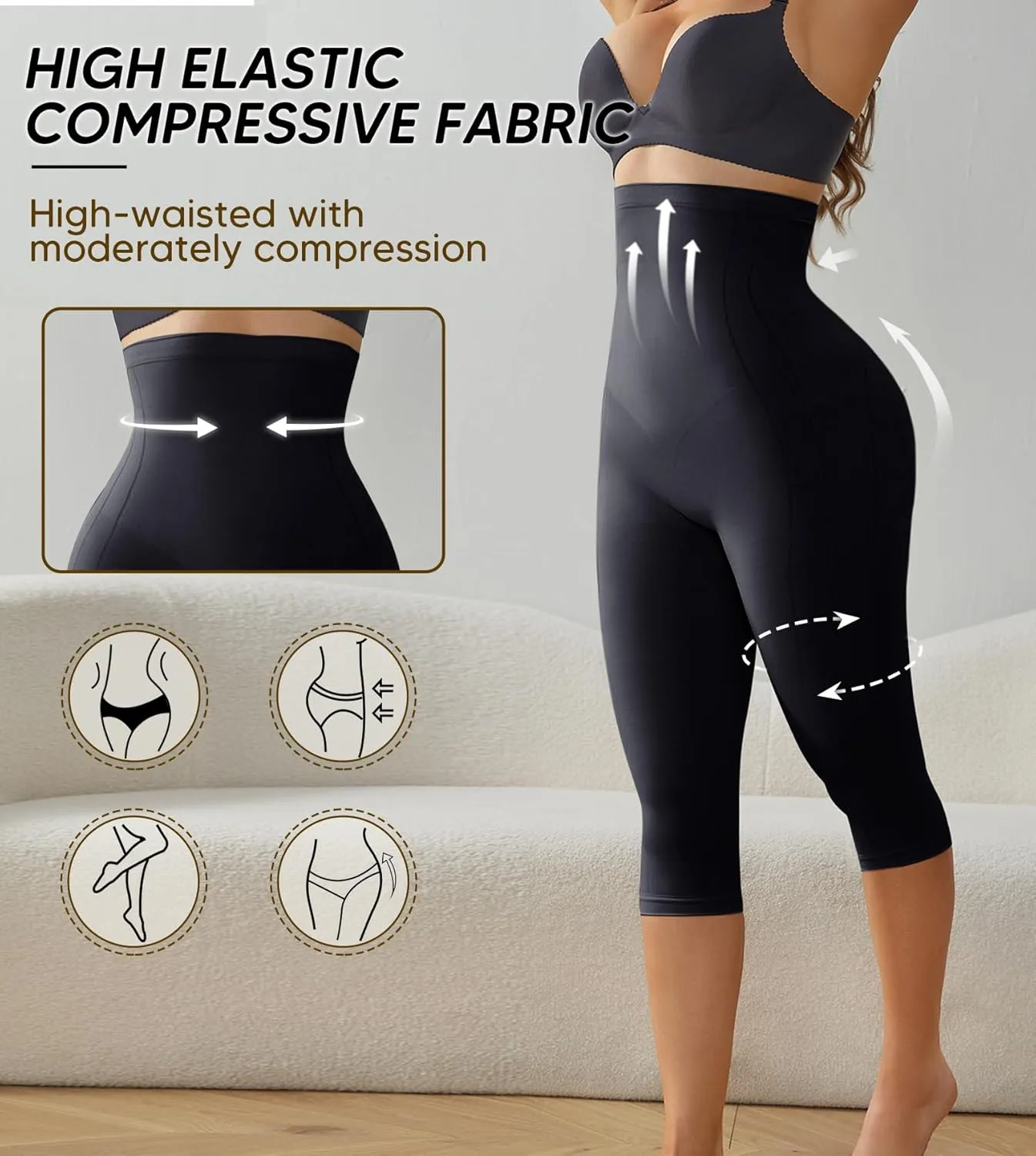 Compression Capri Leggings for Women Tummy Control Shapewear Pants High Waisted Trainer Leggings Thigh Slimmer
