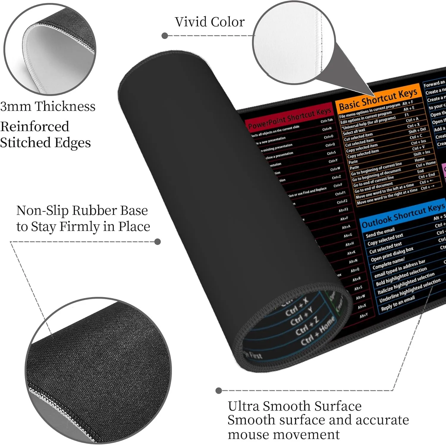 Computer Office Power Point Excel Word Outlook Command Prompt Shortcut Keys Shortcuts Gaming Keyboard Mouse Pad Mousepad Desk Mat Huge Extended XL Rubber Sole for Home Office(31.5"X 11.8")