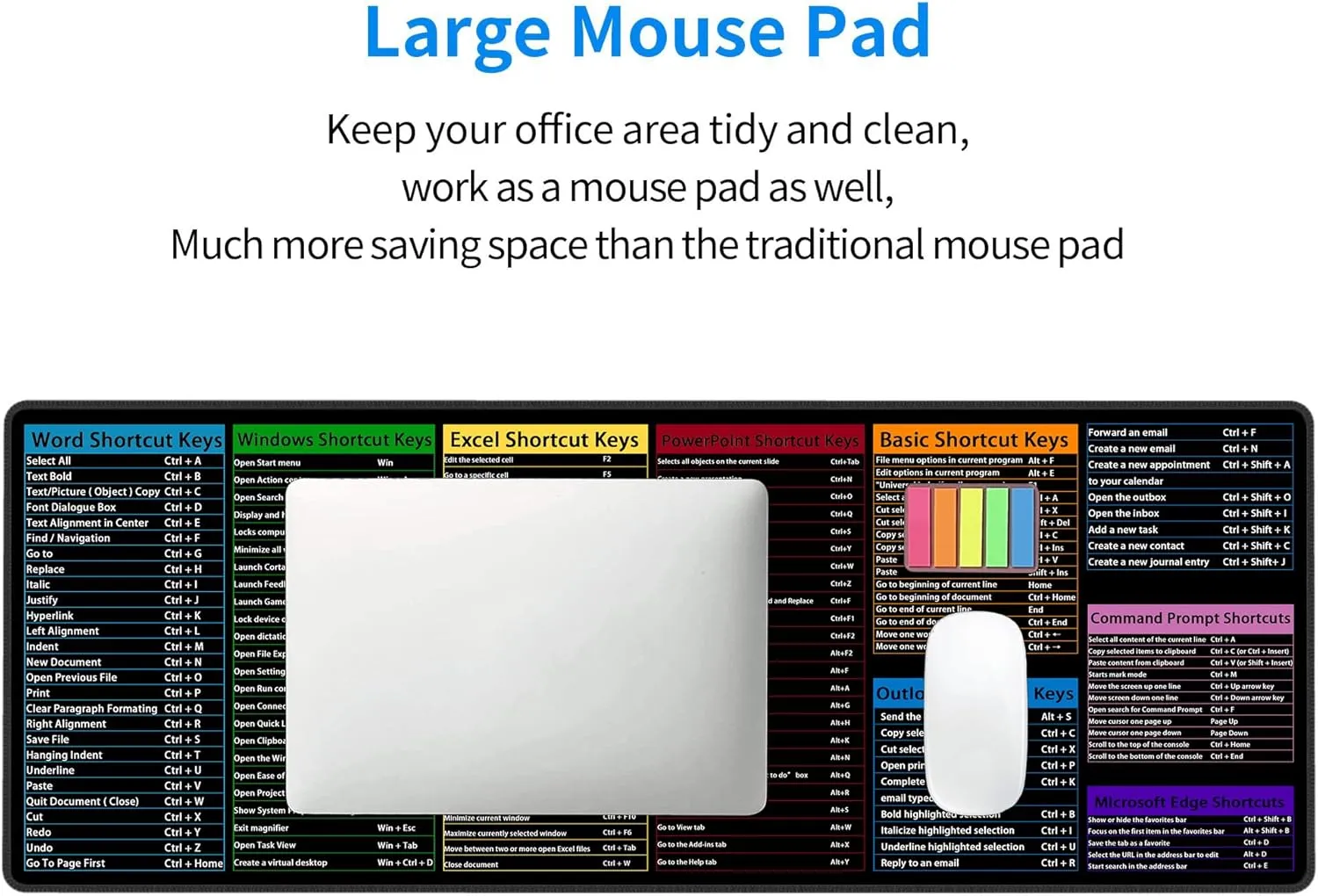 Computer Office Power Point Excel Word Outlook Command Prompt Shortcut Keys Shortcuts Gaming Keyboard Mouse Pad Mousepad Desk Mat Huge Extended XL Rubber Sole for Home Office(31.5"X 11.8")