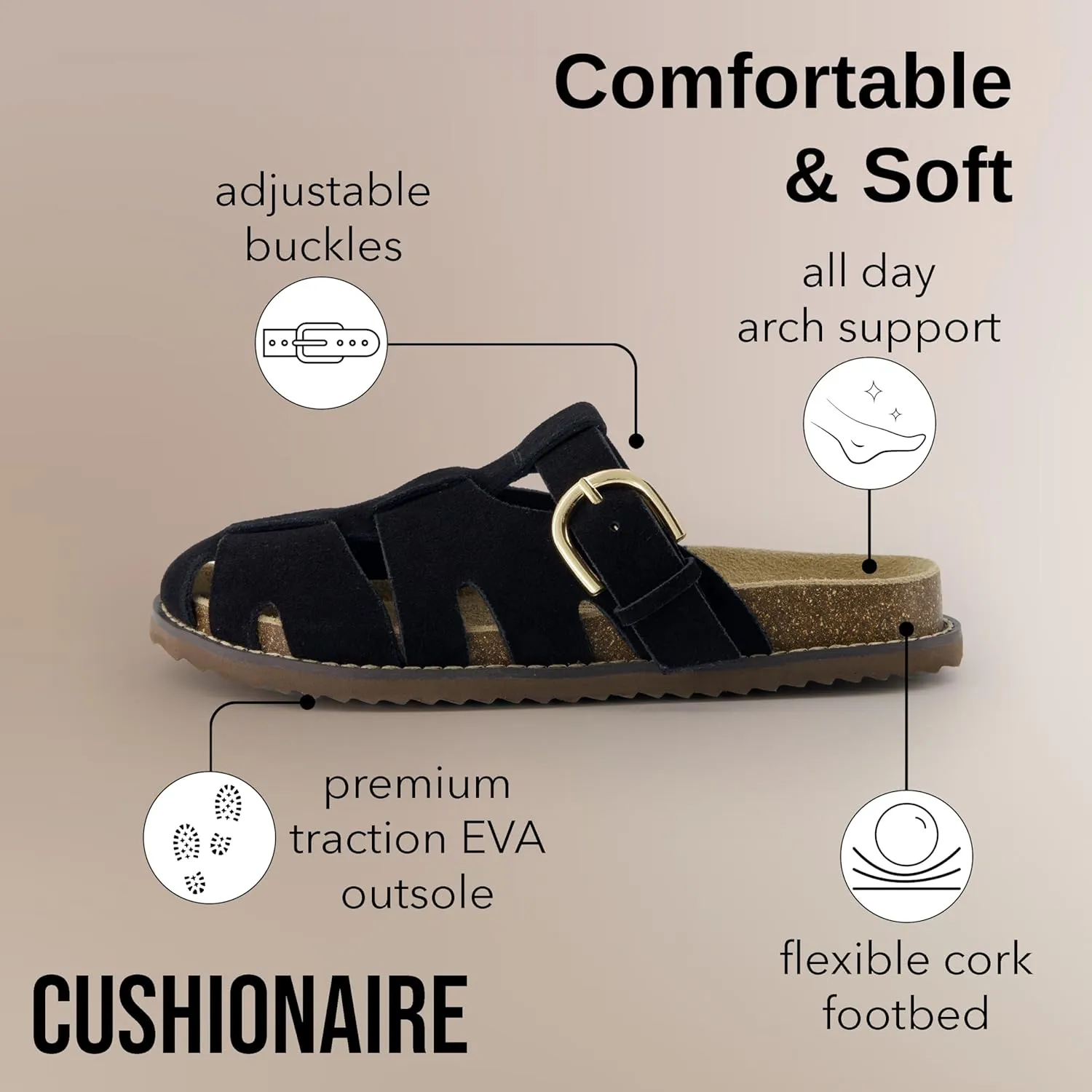CUSHIONAIRE Benson Women’s Fisherman Clog – Suede Slip-On Sandal with Adjustable Buckle & Contoured Cork Footbed
