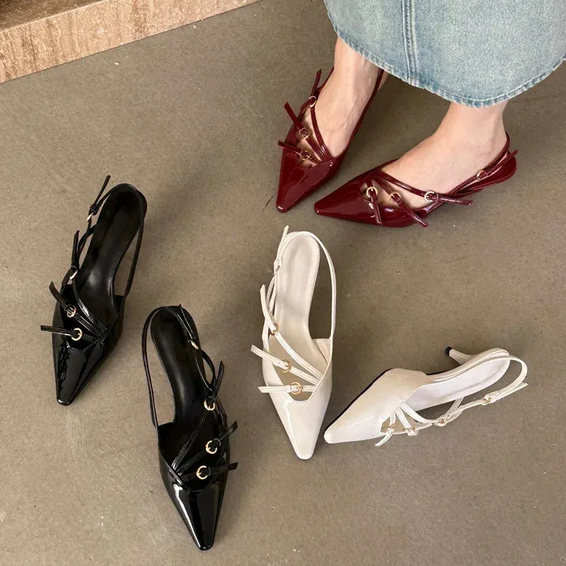 Designer Narrow Band Buckle Strap Pumps Women Sexy Pointed Toe Thin Heels