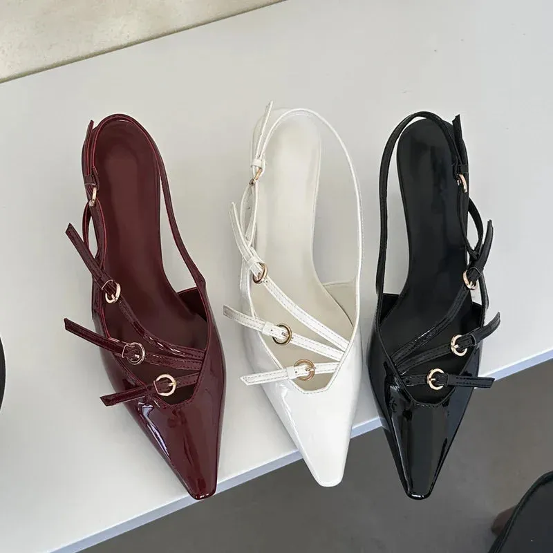 Designer Narrow Band Buckle Strap Pumps Women Sexy Pointed Toe Thin Heels