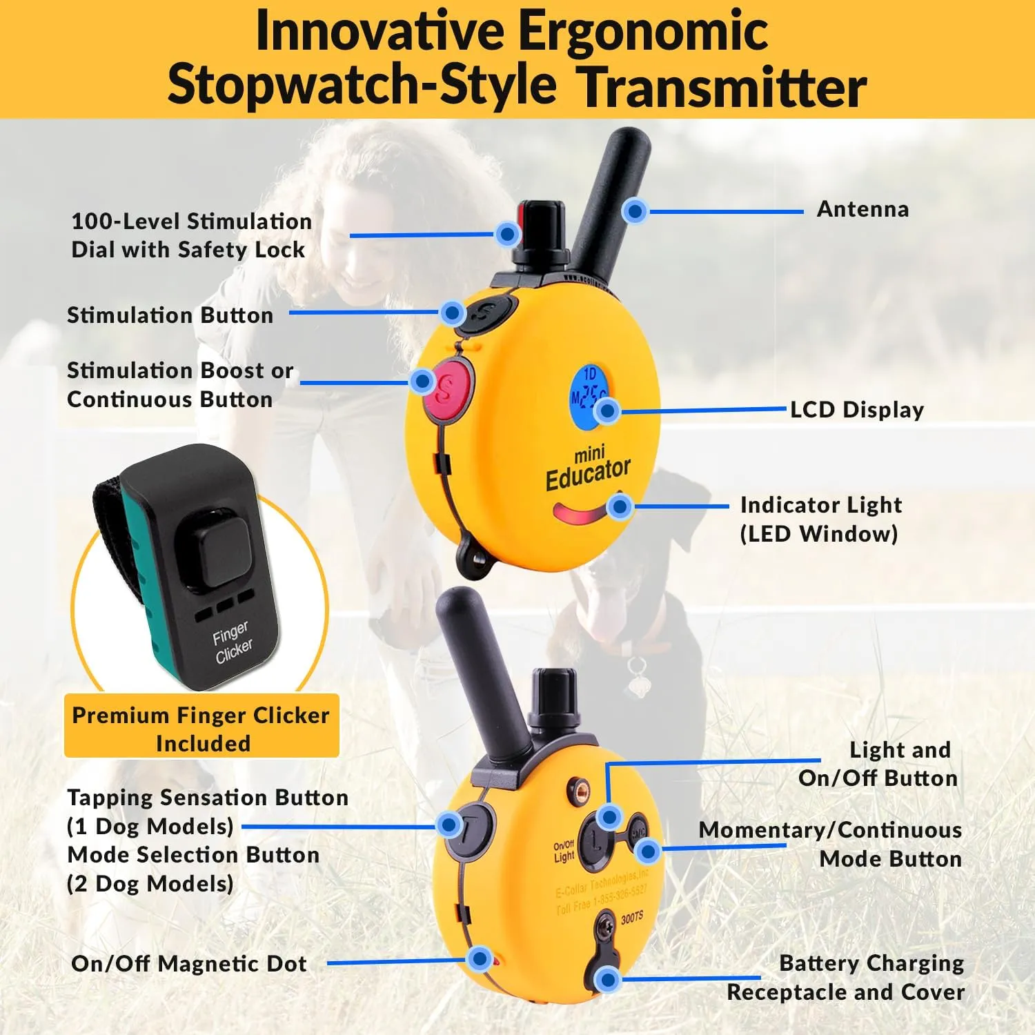 E-Collar – Educator ET-300-1/2 Mile Waterproof Remote Dog Training Collar Includes Premium Finger Clicker Trainer, 100 Programmable Levels   Vibration   Light   Sound