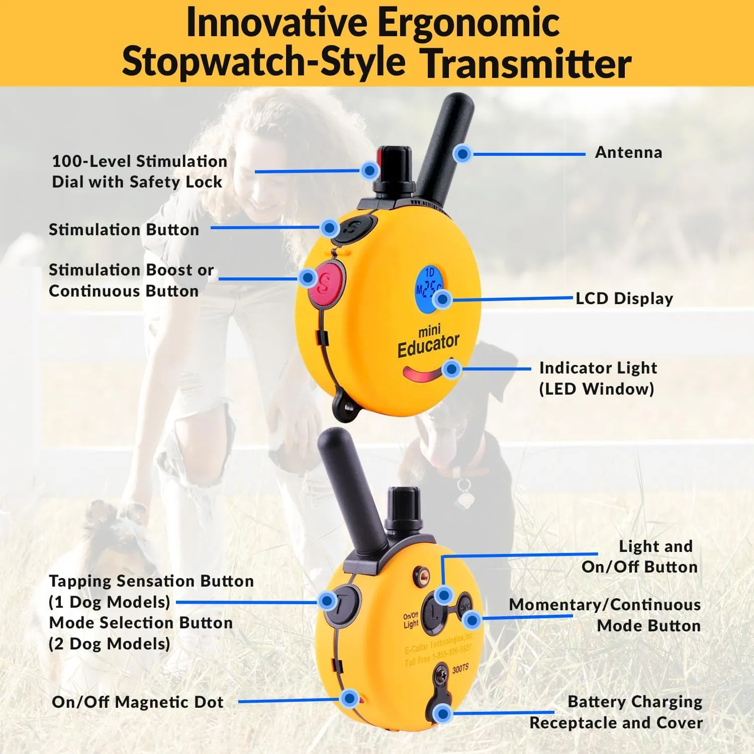 Educator E-Collar Humane Dog Training Collar with Remote, 100 Safe Tapping Stimulation Levels, Night Light, Waterproof, Rechargeable, 1/2 Mile 1 Small-Medium Dog, Yellow