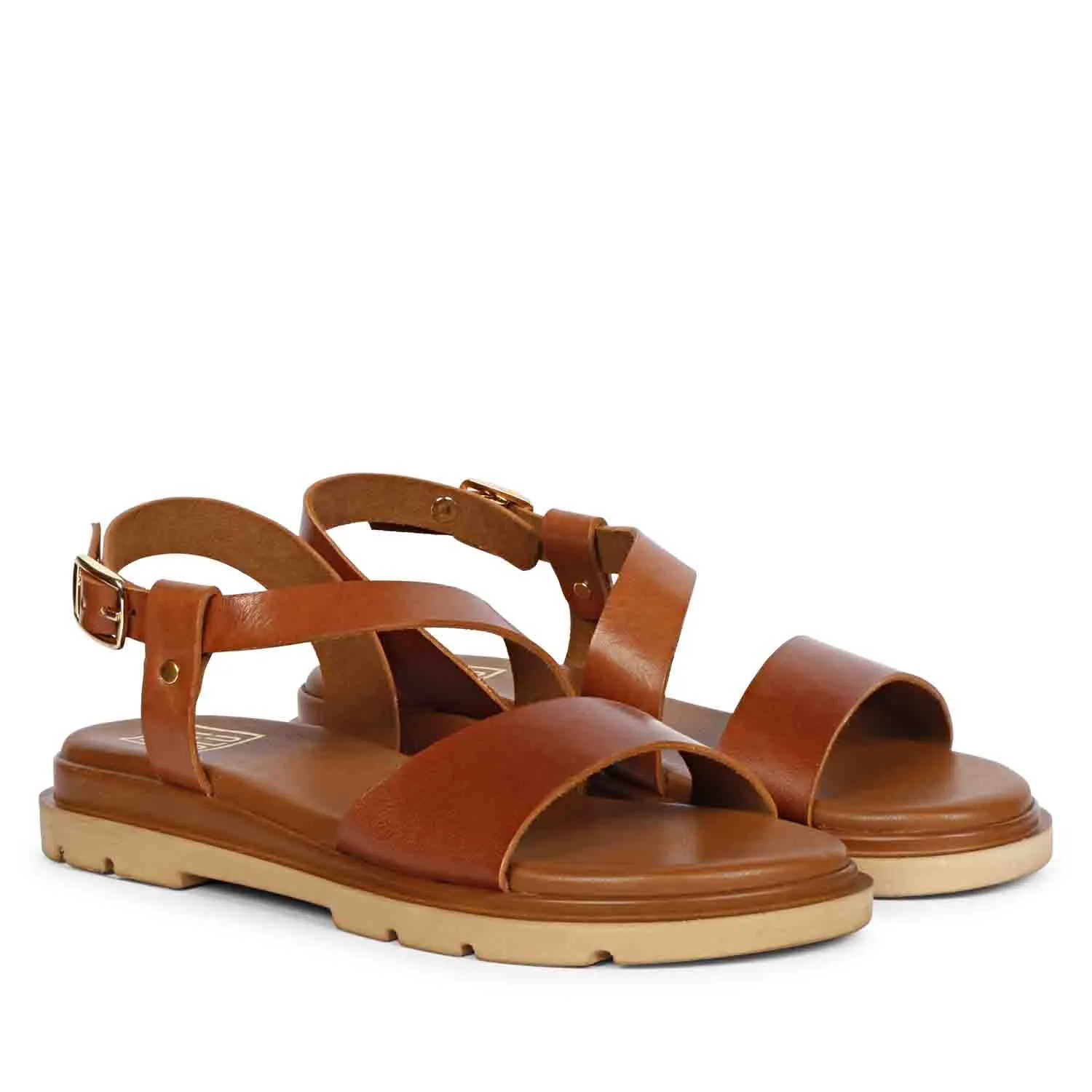 Elara Tan Leather Flat Sandals