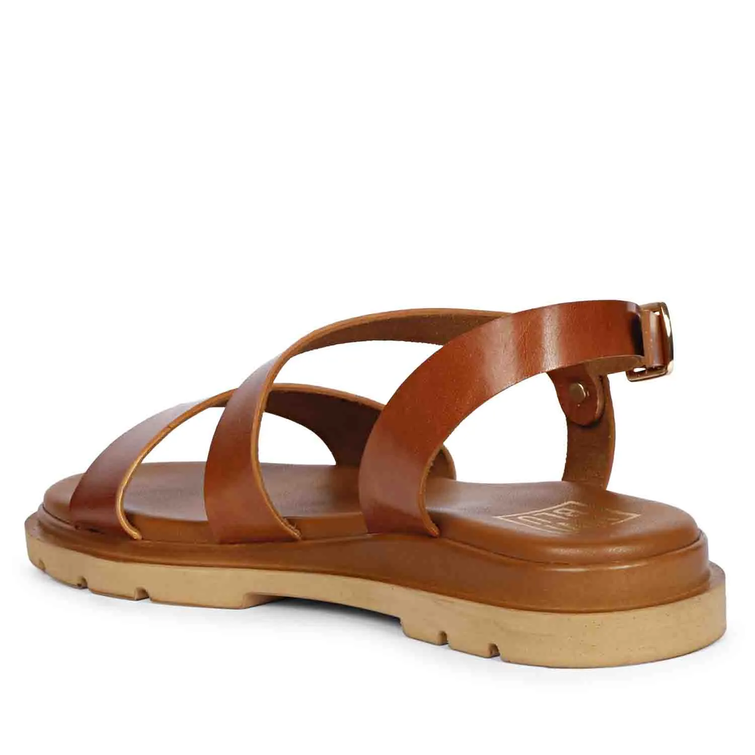 Elara Tan Leather Flat Sandals