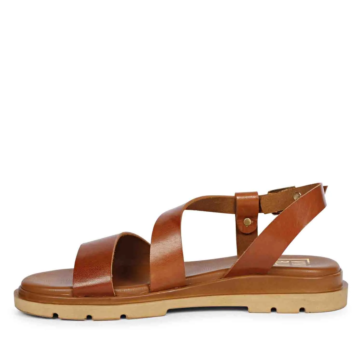 Elara Tan Leather Flat Sandals